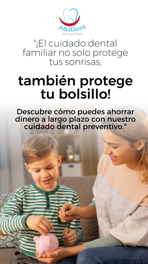 Imagen de una familia sonriente junto a un gráfico que muestra cómo el cuidado dental familiar puede ahorrar dinero a largo plazo.