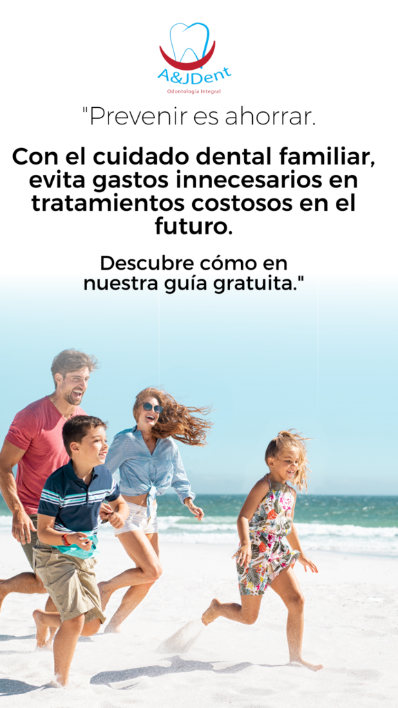 Fotografía de una familia disfrutando de actividades juntos, con un mensaje sobre el ahorro a largo plazo gracias al cuidado dental preventivo.
